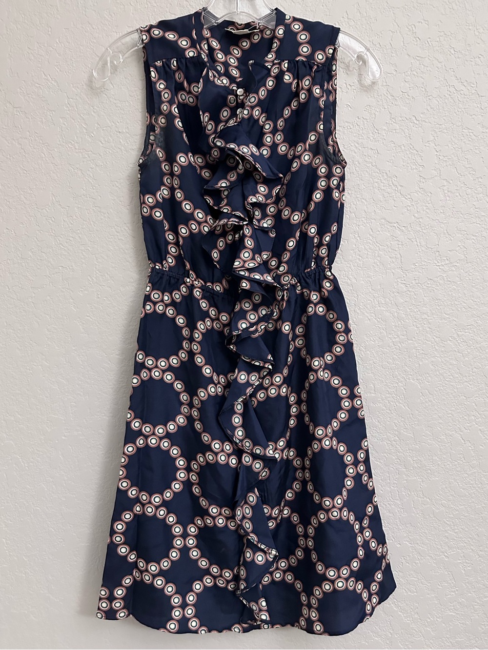 Anthropologie Lil Navy Bullseye Silk Dress  with Button Ruffle Front Size 0